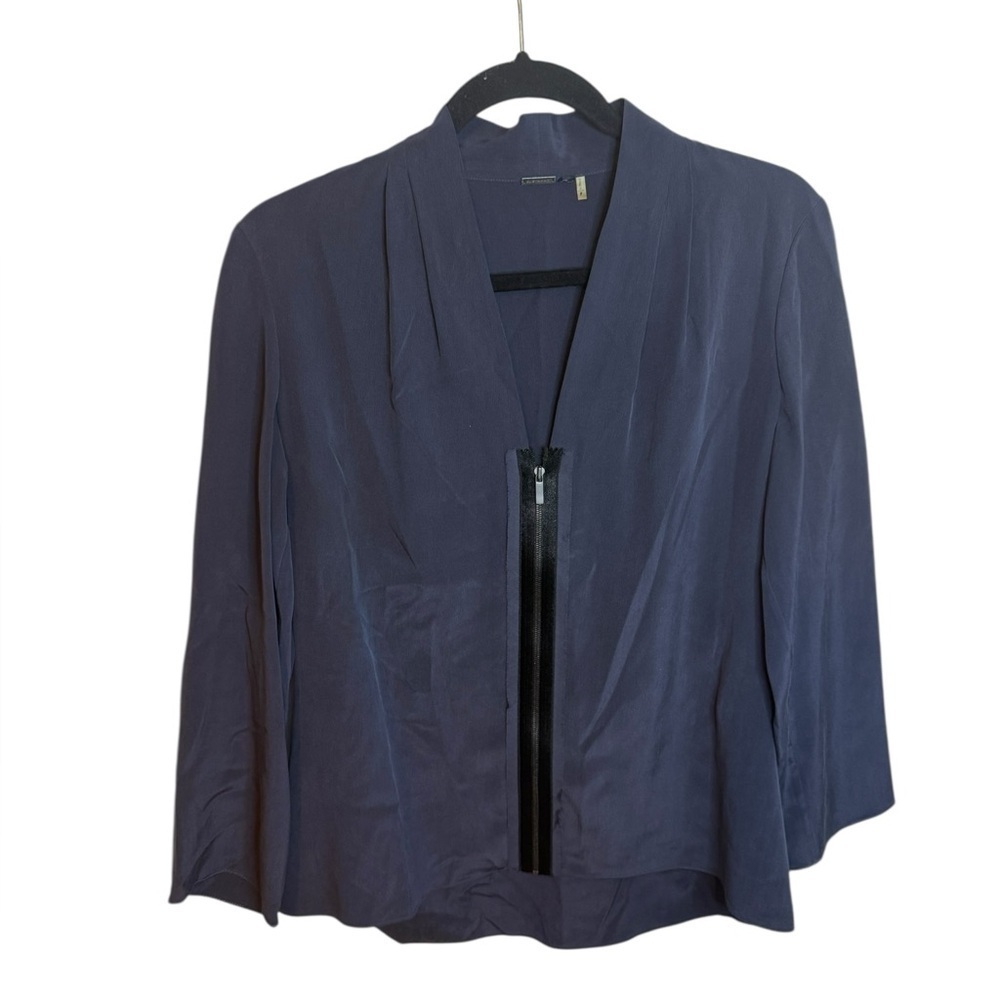Elie Tahari Blue Silk Zip Front V-Neck Blouse